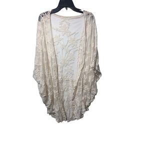 Lulus Cream Floral Lace Kimono Cardigan Sheer Embroidered Boho OpenFront Coverup